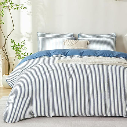 Striped Comforter Set Queen Denim Blue Soft Luxury Washed Microfiber Jacquard 3 Pieces Bedding Set, White Denim Blue Vertical Ticking Stripes Comforter with 2 Pillowcases Breathable Durable Comfy