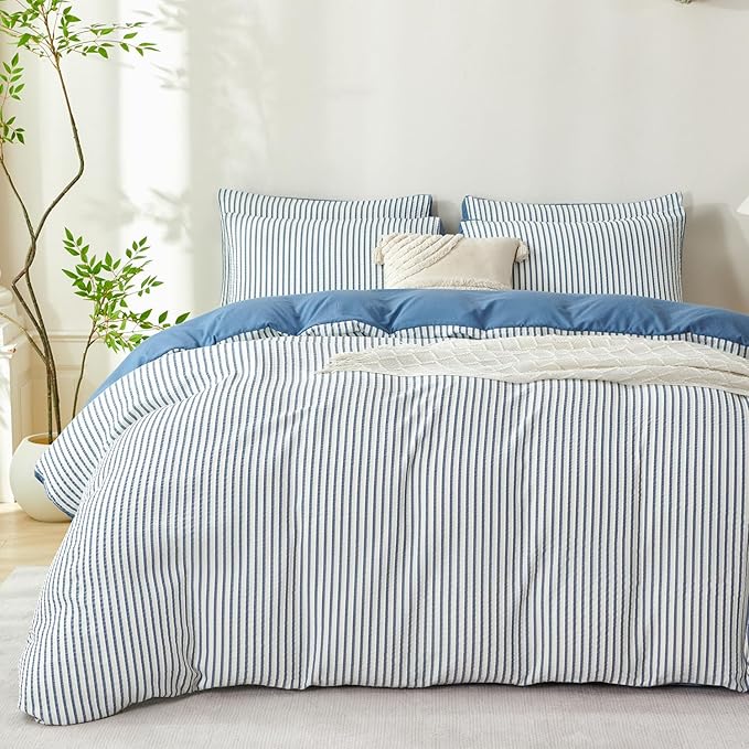 Comforter King Set Denim Blue Striped Soft Luxury Washed Microfiber Jacquard 3 Pieces Bedding, White Denim Blue Vertical Ticking Stripes Comforter with 2 Pillowcases Breathable Durable Comfy