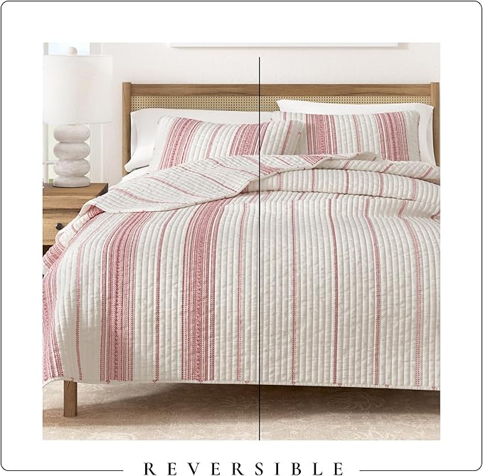 Great Bay Home Striped Quilt Set - 3-Piece King/California King Size Farmhouse Bedding Set - Lightweight, All-Season, Reversible Bedspread (Red)