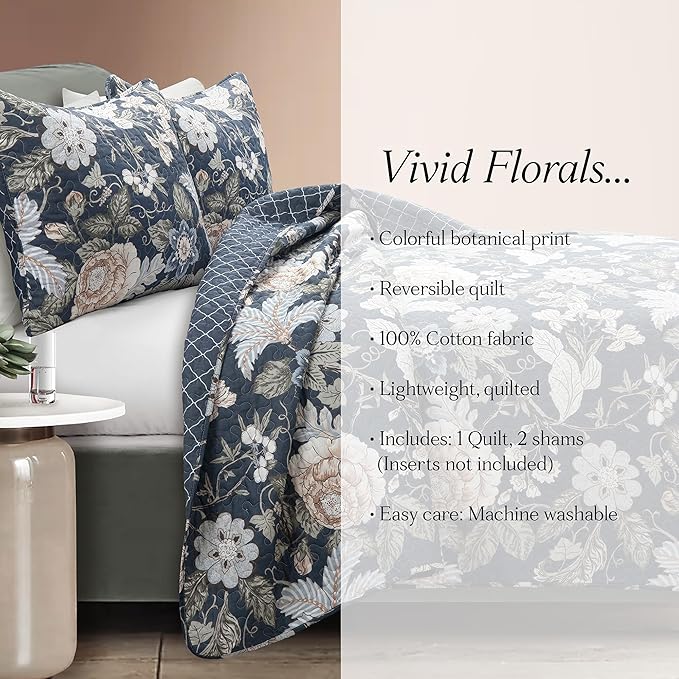 Lush Decor Sydney Reversible Cotton Quilt Set, 3 Piece Set, King, Navy & Multi - Cotton Bedding Set - Navy Floral Quilt - Cottage Decor - Bedding King Size