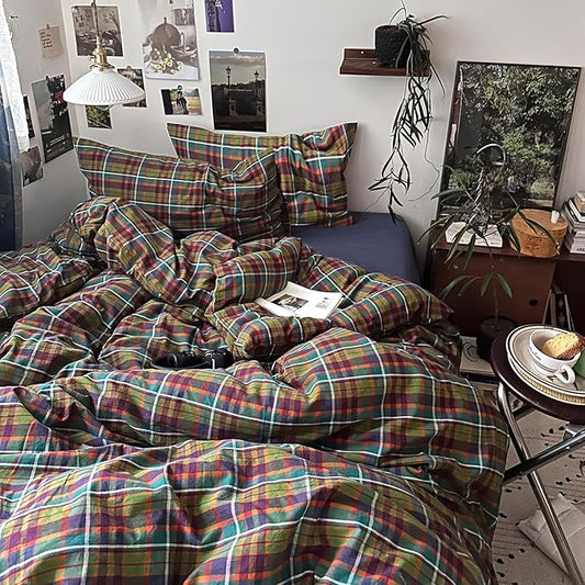 mixinni Buffalo Plaid Duvet Cover King Size - 100% Washed Cotton 3-Piece Bedding Set for All Seasons, Retro Grid Design, Soft Breathable Comforter Cover with Zipper Ties for Men, Women-King Size