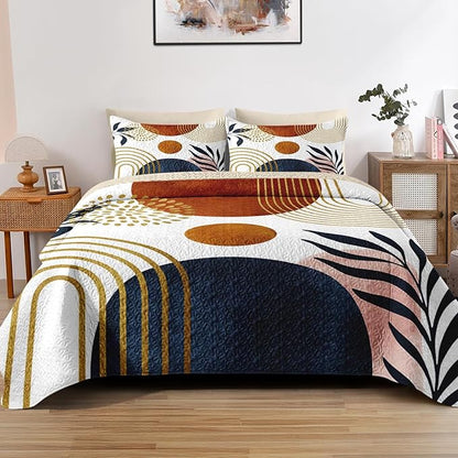 Quilt Set Twin Size, Gold Yellow Mid Century 2 Pcs Soft Bed Cover Bedding Set for Kids and Adults, Sun Boho Geometric Leaf Lightweight Bedspread Coverlet with Pillow Sham for All Season