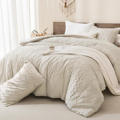 Andency Beige Tufted Comforter Set Queen, 3 Pieces(1 Comforter, 2 Pillowcases) Farmhouse Bedding Set with Soft Microfiber Down Alternative Geometric Pattern