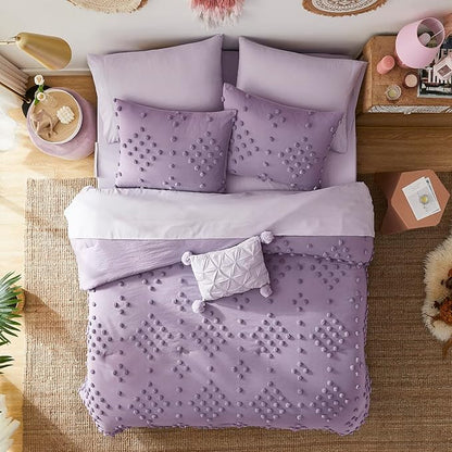 Geniospin Purple Queen Comforter Set for Girls- 7 Pieces Pom Tufted Bed in A Bag Queen Bedding Sets with Sheets, Pillowcases & Shams, All Season Kids Comforter Set