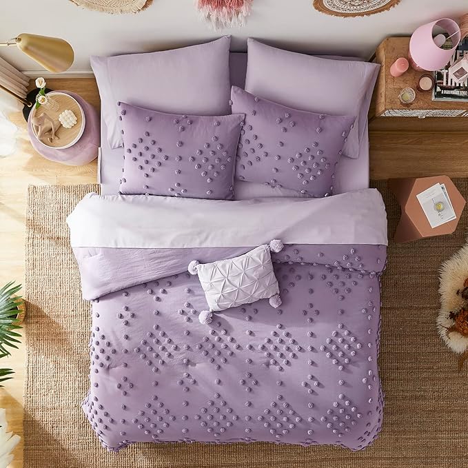 Geniospin Purple Twin Comforter Set for Girls- 5 Pieces Pom Tufted Bed in A Bag Twin Bedding Sets with Sheets, Pillowcases & Shams, All Season Kids Comforter Set