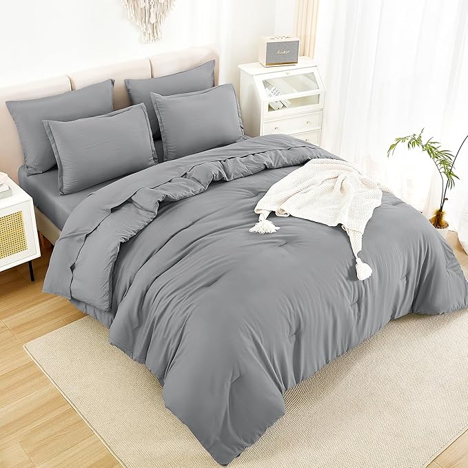 Litanika Full Size Comforter Sets Medium Gray - 7 Pieces Bed in a Bag Full Bedding Comforter Sets, Solid Lightweight Bed Set with Comforter, Sheets, Pillowcases & Shams