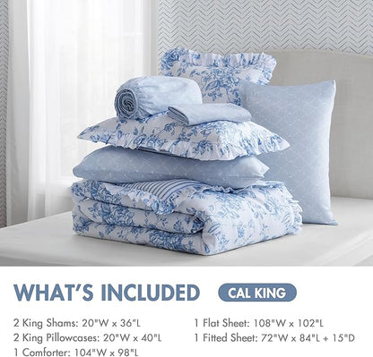 Madison Park Essentials Adele Blue Floral Cal King Size Comforter Set – Vintage Bed in a Bag with Sheets, Reversible Ruffle Bedding, Elegant Gift for Her