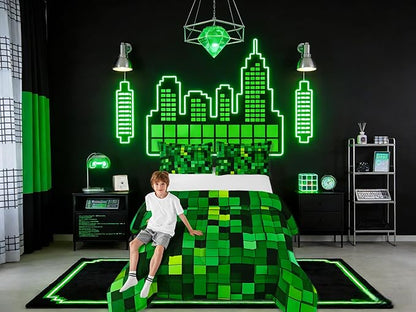 Manfei Pixelated Blocks Miners Girls Bedding Set Twin Size, Video Games Game Gamepad Comforter Set，Geometric Grid Patchwork Quilt Comforter Girls Boys Teens,Green Room Decor All Season,1 Pillowcase