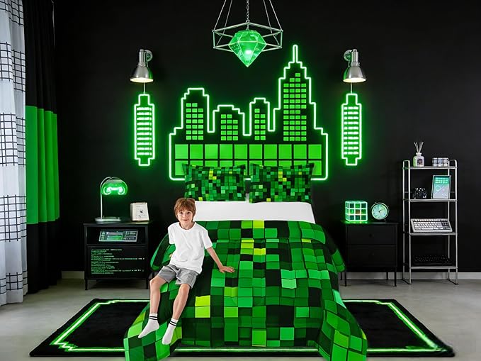 Pixelated Blocks Miners Kids Bedding Set King Size,Video Games Game Gamepad Comforter Set，Geometric Grid Patchwork Quilt Comforter,Green Bedroom Duvet Insert,2 Pillowcases