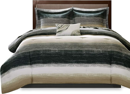 Madison Park Essentials Cal King Comforter Set, Bed in a Bag, Watercolor Print Coastal Comforter & Chambray Cotton Sheet Set, All Season Bedding Set, Saben, Taupe Cal-King (104 in x 92 in) 9 Piece