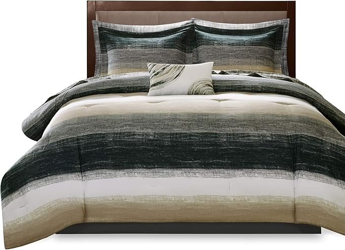 Madison Park Essentials Full Comforter Set, Bed in a Bag Full, Watercolor Print Coastal Comforter & Chambray Cotton Sheet Set, All Season Bedding Set, Saben, Taupe Full (78 in x 86 in) 9 Piece
