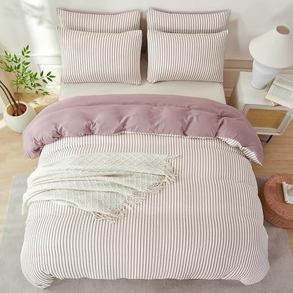 Comforter Set Queen Size Soft Luxury Washed Microfiber Jacquard 3 Pieces Bedding, White Grayish Purple Vertical Ticking Stripes Pattern Comforter with 2 Pillowcases Breathable Durable Comfy
