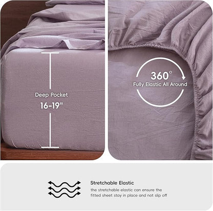 MooMee Bedding Sheet Set 100% Washed Cotton Linen Like Textured Breathable Durable Soft Comfy (Heathered Light Purple, Queen)
