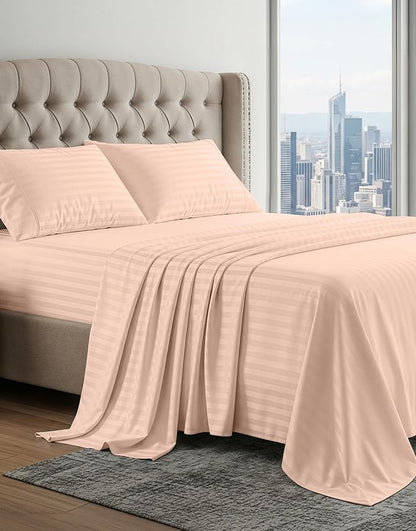 LANE LINEN 100% Egyptian Cotton King Sheets Set, Soft & Comfy Sateen Weave Mercerized Cotton Sheets King, Fully Elasticized Reinforced French Seam Fitted King Bed Sheets Damask Stripe – Veiled Rose