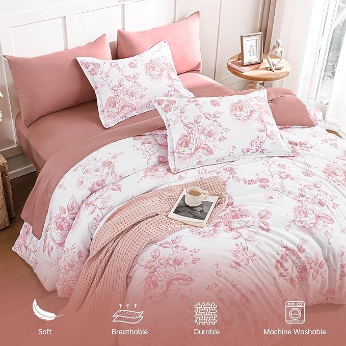Luxudecor Floral Queen Comforter Set 7 Pieces Bed in a Bag, Pink Rose Romantic Flower Bed Set, Soft Reversible Comforter with Sheet Set 90"x90"