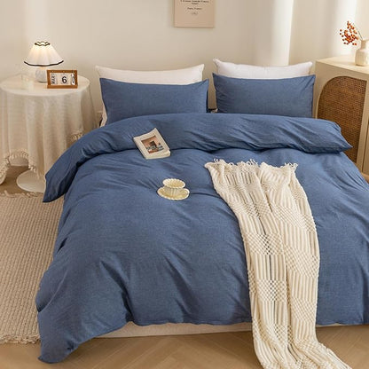 ECOCOTT Denim Blue Duvet Cover King Size, 100% Washed Cotton 1 Duvet Cover with Zipper and 2 Pillowcases, Ultra Soft and Easy Care Breathable Cozy Bedding Set (Denim Blue, King)