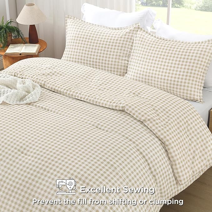 Andency Beige Gingham Comforter Set Queen(90x90Inch), Cream Checkered Grid Plaid Buffalo Bed Set for Girls Boys Kids Teens, 3 Pieces Lightweight Polyester Geometric Preppy Bedding