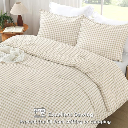 Andency Beige Gingham Comforter Set Twin(66x90Inch), Cream Checkered Grid Plaid Buffalo Bed Set for Girls Boys Kids Teens, 2 Pieces Lightweight Polyester Geometric Preppy Bedding