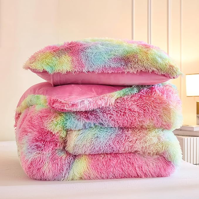 Andency Faux Fur Tie-Dyed Rainbow Comforter Set Full Size, 3 Pieces Fluffy Fuzzy Plush Bedding Comforter Set (1 Shaggy Velvet Comforter & 2 Pillowcases), Soft Puffy Down Comforter Bedding Set