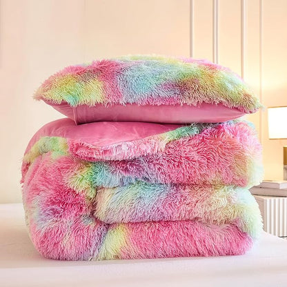 Andency Faux Fur Tie-Dyed Rainbow Comforter Set Full Size, 3 Pieces Fluffy Fuzzy Plush Bedding Comforter Set (1 Shaggy Velvet Comforter & 2 Pillowcases), Soft Puffy Down Comforter Bedding Set