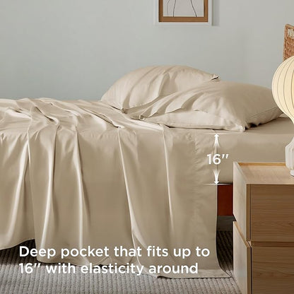 Bedsure Cooling Sheets Twin, Rayon Derived from Bamboo, PureWoven, Breathable & Soft, Deep Pocket Up to 16 Inches, Hotel Luxury Silky Bedding for Hot Sleepers, Beige