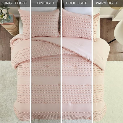 Comfort Spaces Cotton Comforter Set Jacquard Pom-Pom Tufts Design, Down Alternative, All Season Modern Bedding, Matching Shams, Full/Queen, Phillips, Blush
