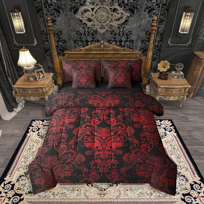 Erosebridal Gothic Damask Comforter Set 7 Piece Bed in a Bag Twin,Exotic Moth Bedding Sets Red Black Victorian Floral Goth Sheet Set with Comforter
