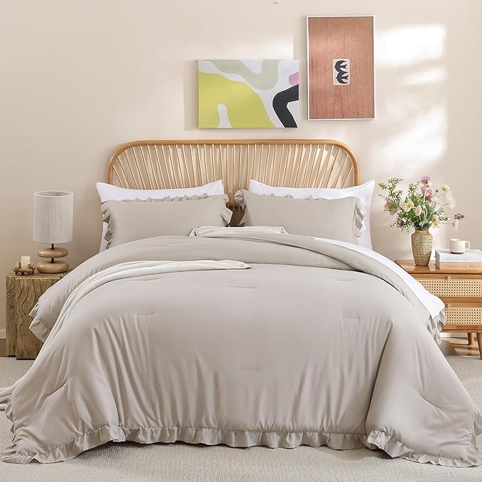 JANZAA King Size Ruffled Comforter Set Soft Vintage Farmhouse Bed Set Shabby Fluffy 3PCS Bedding (1 Oatmeal Comforter Set and 2 Pillowcases)