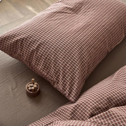 Gingham King Bed Duvet Cover Brown Washed Cotton King Comforter Cover Plaid Checkered Boho Zipper Duvet Cover Set with Corner Ties Farmhouse Dorm Bedding Set Caramel Duvet Protector