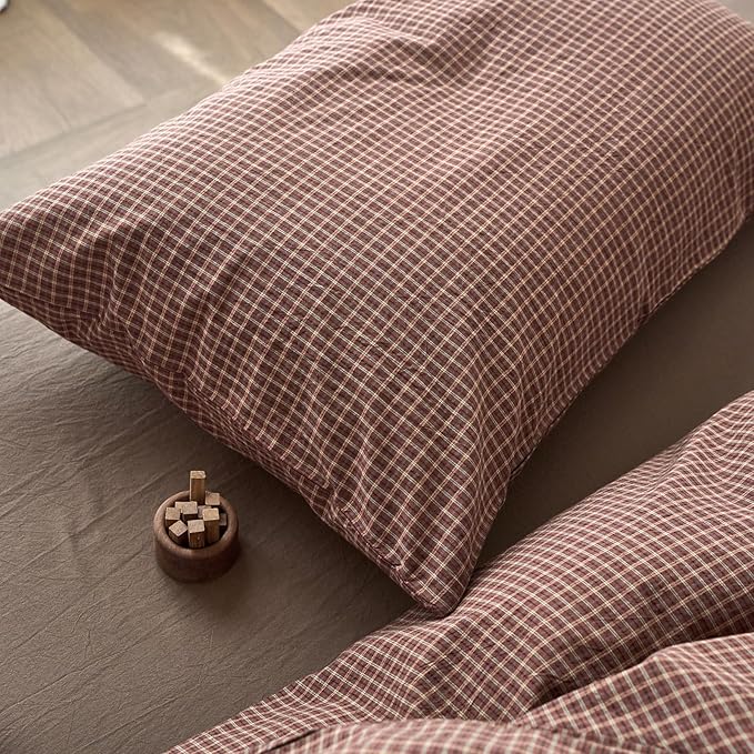 Gingham Duvet Covers Twin Brown Washed Cotton Comforter Cover Twin Plaid Checkered Boho Zipper Duvet Cover Set with Corner Ties Farmhouse Dorm Bedding Set Caramel Duvet Protector