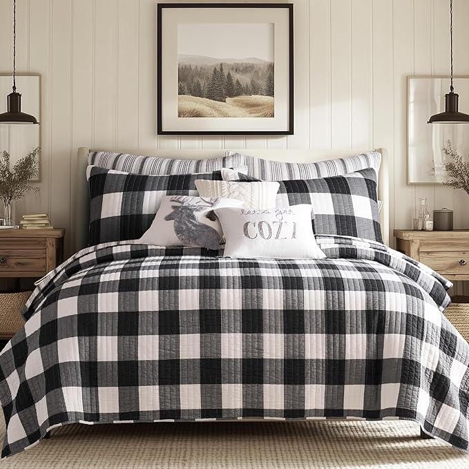 Levtex Home - Camden Quilt Set -Twin/Twin XL Quilt (68 x 86 in.) + One Standard Pillow Sham (26 x 20 in.) - Buffalo Check in Black and Cream - Reversible Pattern - Cotton