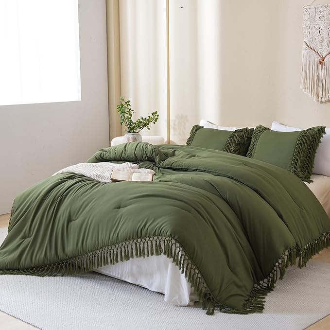 Andency Olive Green Full Size Comforter Set, 3 Pieces Boho Tassel Lightweight Soft Bedding Comforter Sets, All Season Fluffy Fringe Bed Set (79x90In Comforter & 2 Pillowcases)