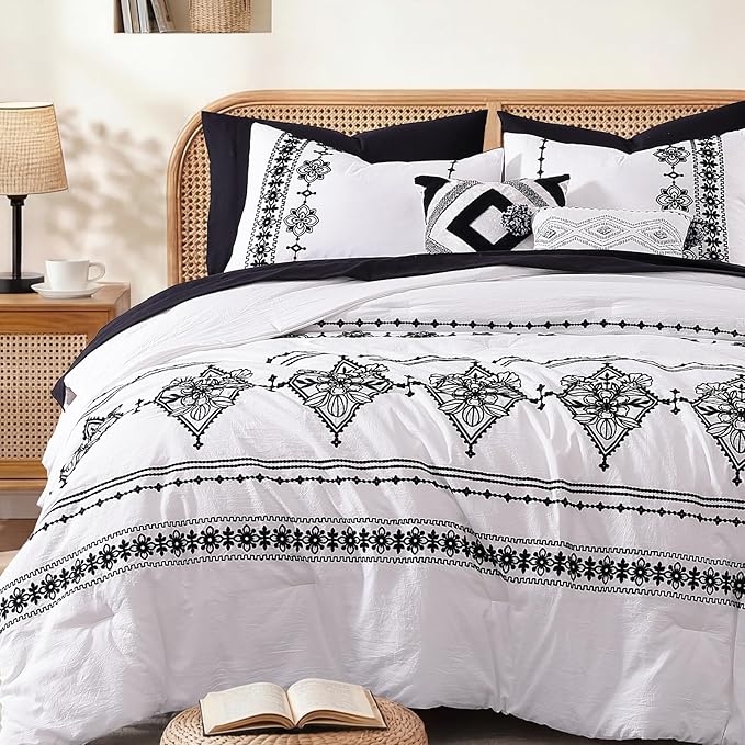 MaiRêve King Size Comforter Set Frost White, Embroidery Floral Western Boho Bedding Set, All Season 7 Pieces Bed in a Bag with Sheets, Pillowcases & Shams