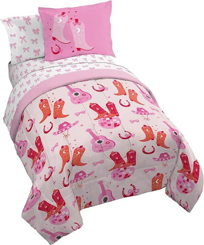 Jay Franco Kids Comforter Set Includes Sheets and Pillow Covers - Soft and Cozy Bed Set for Stylish Room Decor, Pink, Cowgirl Boots & Bows 5 Piece Twin Size Bedding