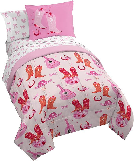 Jay Franco Kids Comforter Set Includes Sheets and Pillow Covers - Soft and Cozy Bed Set for Stylish Room Decor, Pink, Cowgirl Boots & Bows 7 Piece Full Size Bedding