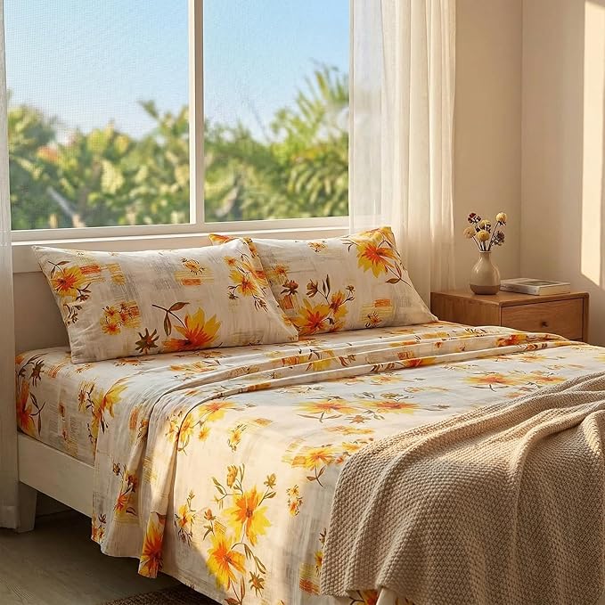JSD Fall Floral Sheet Set Cal King, 4 Piece Yellow Printed Microfiber Bedding Sheets Extra Deep Pocket