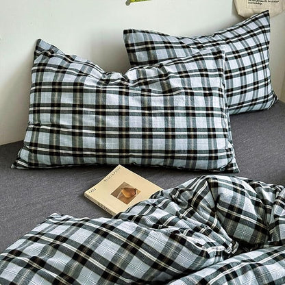 mixinni Vintage Grey & Pale Blue Buffalo Plaid Duvet Cover Set King Size - 3 Piece Washed Cotton Bedding Set with Grid Pattern, Soft & Breathable Duvet Cover with Pillowcases for Boys, Men& Women