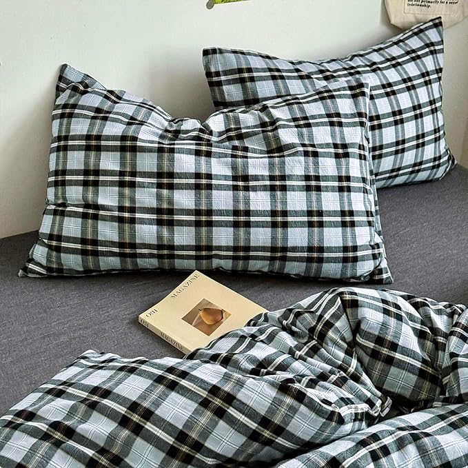 mixinni Vintage Grey & Pale Blue Buffalo Plaid Duvet Cover Set Full Size - 3 Piece Washed Cotton Bedding Set with Grid Pattern, Soft & Breathable Duvet Cover with Pillowcases for Boys, Men& Women