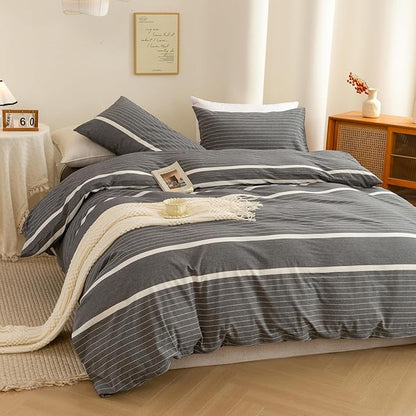 ECOCOTT 3 Pieces Duvet Cover Queen Size, 100% Washed Cotton 1 Duvet Cover with Zipper and 2 Pillowcases, Ultra Soft and Easy Care Breathable Cozy Simple Style Bedding Set(Grey Striped)