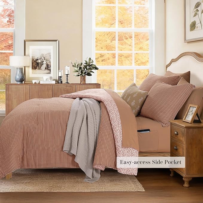 Full Comforter Set - 7 Pieces Autumn Leaf Gauze Muslin Bedding Sets for All Seasons, Lightweight Breathable Bed in a Bag Full with Revesible Farmhouse Comforter, Sheets, Pillowcases & Shams