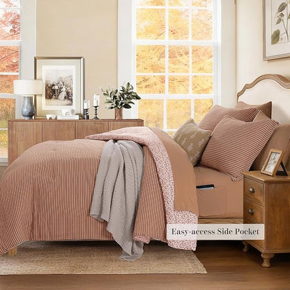 Full Comforter Set - 7 Pieces Autumn Leaf Gauze Muslin Bedding Sets for All Seasons, Lightweight Breathable Bed in a Bag Full with Revesible Farmhouse Comforter, Sheets, Pillowcases & Shams