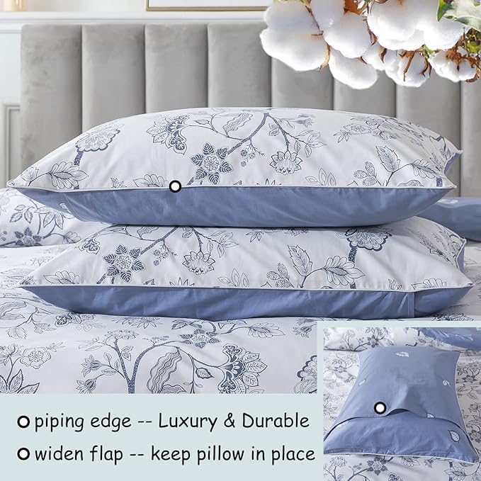 FADFAY Duvet Cover Set Full Floral Bedding Percale Cotton 600 TC Classical Toile Luxury Reversible Light Blue Shabby Vintage Farmhouse Bedding Minimalist Chic Comforter Cover Soft Breathable 3Pcs