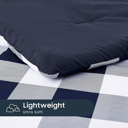 Wake In Cloud - Gingham Toddler Bedding Set for Girls Boys, Cute Plaid Buffalo Check, 4 Pieces Soft Crib Bed Set Including Comforter, Sheets and Pillowcase, Navy Blue