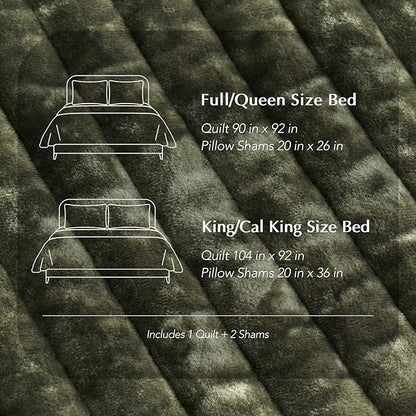 EVERGRACE Velvet Quilt Set King Size, Luxurious Soft Striped Channel Bedding Set, Lightweight Velvet Comforter for All Season, Oversized Bedspread Coverlet with 2 Matching Shams, Olive Green