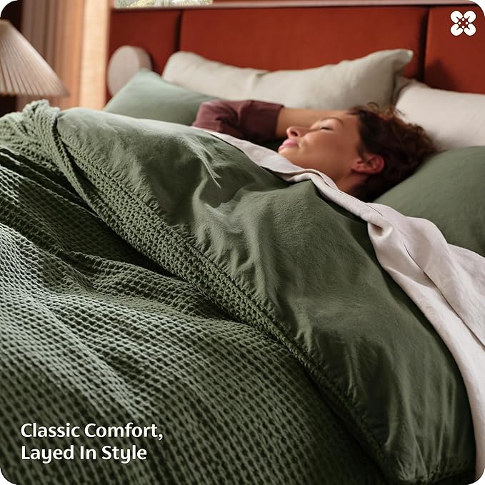 Bedsure Cotton Duvet Cover Queen Size - 100% Cotton Waffle Weave Olive Green Duvet Cover, PureWoven Textured Breathable Bedding Comforter Cover for All Season, 1 Duvet Cover Only 90"x90"