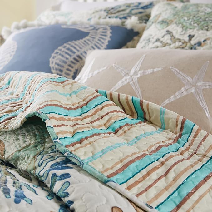 Greenland Home Barefoot Bungalow Atlantis Coastal Quilt Set, 5-Piece King/Cal King, Jade