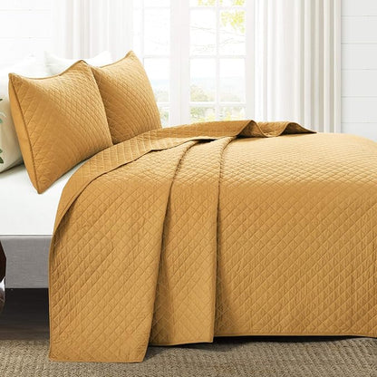 Lush Decor Ava Quilt Diamond Pattern Solid 3 Piece Oversized Bedding Blanket Bedspread Set - Full/Queen - Mustard