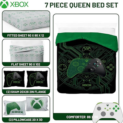 Jay Franco Kids Comforter Set Includes Sheets and Pillow Covers - Soft and Cozy Bed Set for Stylish Room Decor, Official Licensed Product, White - Xbox, 7 Piece Queen