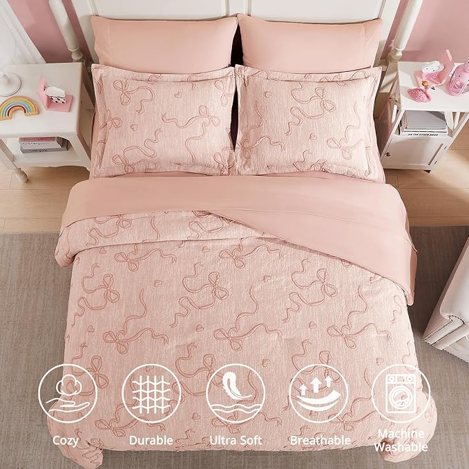 Geniospin Orange Pink Queen Comforter Set for Girls- 7 Pieces Bowknot Jacquard Bed in A Bag Queen Bedding Sets with Sheets, Pillowcases & Shams, All Season Kids Comforter Set
