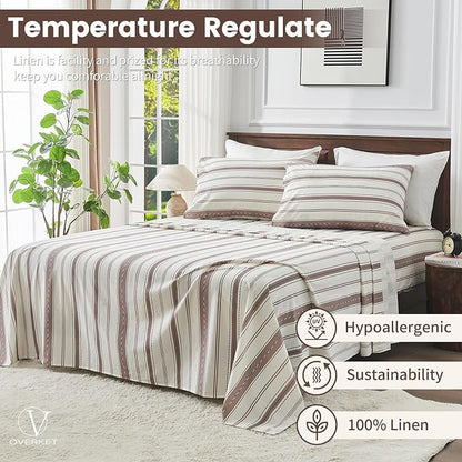100% Linen Sheets Queen Size,Breathable & Durable 4-Piece Bed Flax Stripes Sheet Set,Soft All-Season Bedding for Hot Sleepers 16" Deep Pocket Oeko-TEX Certified,（Queen, Brown Stripes）
